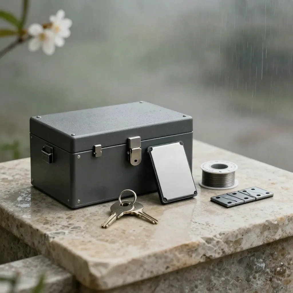 Graphite lockbox with keys, SSD, seal spool and recovery token on pale stone in soft rain mist.