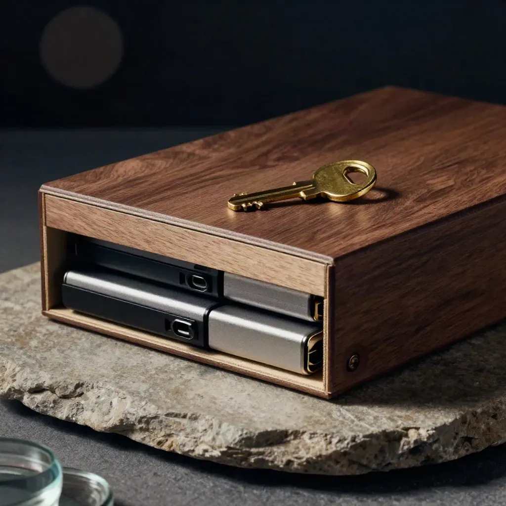Archive box, sealed backup drives and brass key ring on stone with dark bokeh and blurred glass edge.