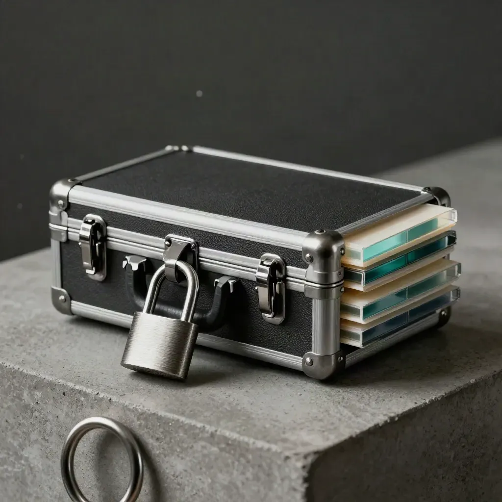 Macro still life of a media case, cable lock, and sealed drive sleeves on concrete.