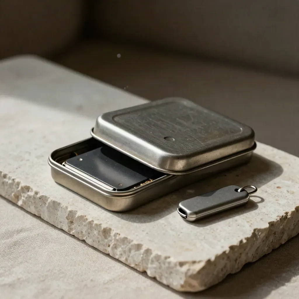 Recovery tin, encrypted SSD and hardware token on pale stone in soft top-down light.